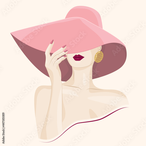 Portret pięknej kobiety w eleganckim kapeluszu z luksusową biżuterią. Młoda dziewczyna z ciemnymi różowymi ustami. Ilustracja wektorowa High Fashion.