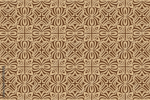3D volumetric convex embossed geometric beige pattern on a brown background. Ethnic creative oriental, asian, indian motives with handmade elements for design and decoration.