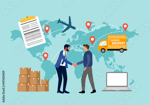 Online business global trading with express international shipping vector. Package, airplane, delivery truck, ship and document in flat design. Business deal.
