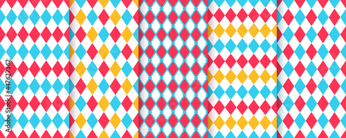 Circus seamless pattern. Harlequin lozenge backgrounds. Vector illustration. Checkered diamond textures. Set blue red yellow rhombus plaid prints. Modern argyle geometric backdrops.