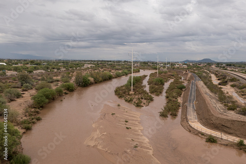 Raging river in Tucson, Arizona after heavy monsoon rain