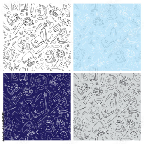 Back to school seamless patterns background wallpaper set with school supplies, books, notebooks, pencils, pins on the color background. Back to school sketch background. Stock vector illustration.