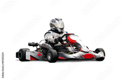 Go Kart Racer Isolated Over White Background. Kart is Black, Grey and Red.