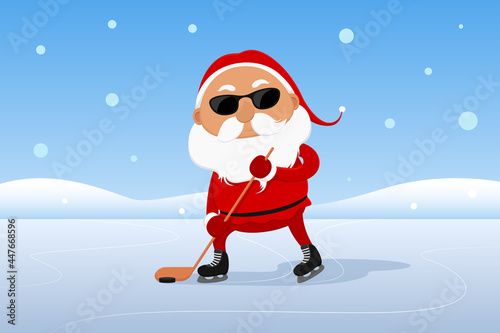 Santa playing ice hockey. Vector illustration.