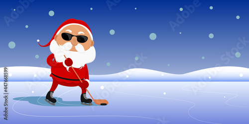 Santa Claus playing ice hockey in sunglasses. Vector illustration.