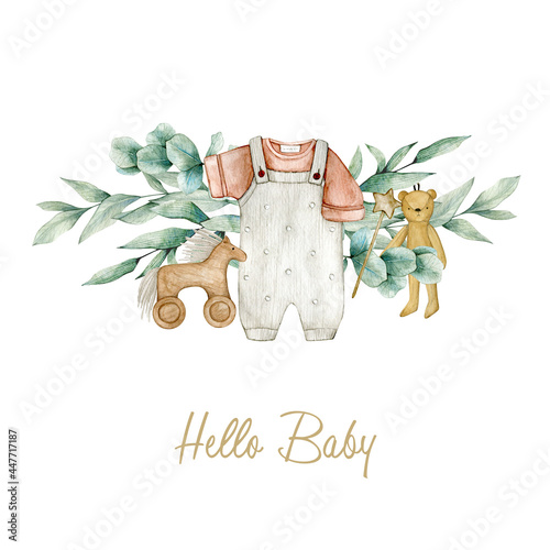 Watercolor illustration card hello baby with eucalyptus bouquet, baby jumpsuit, toys. Isolated on white background. Hand drawn clipart. Perfect for card, postcard, tags, invitation, printing.