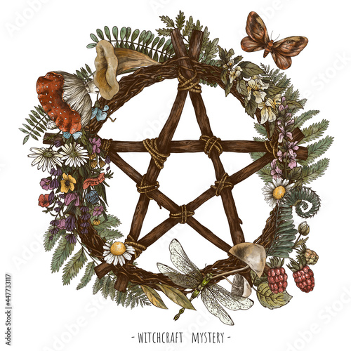 Vintage green witch floral wreath. Pentagram dream catcher witchcraft illudtration. Woodland treasures, mushrooms, ferns, amanita