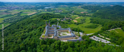 Aerial of the monastery Banz in Germany, Bavaria on a sunny day in spring.