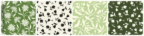 Set of four green and beige floral patterns with flowers and leaves. Vector seamless backgrounds.