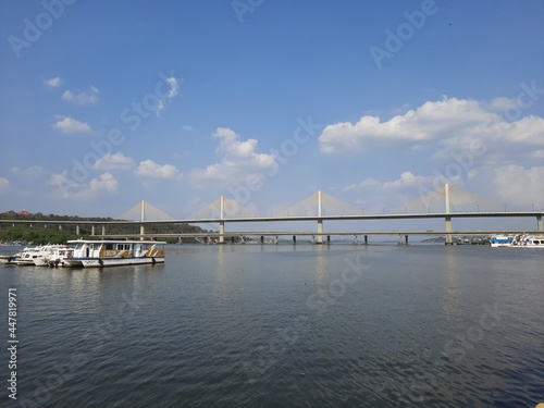 Panjim bridge over the Mandovi river, Atal setu in goa, panjim bridge panoramic view.