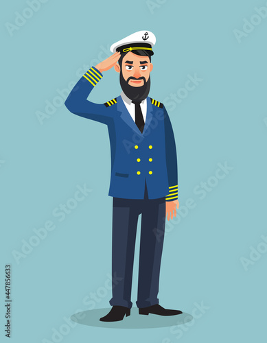 Sea captain giving salute. Male person in cartoon style.