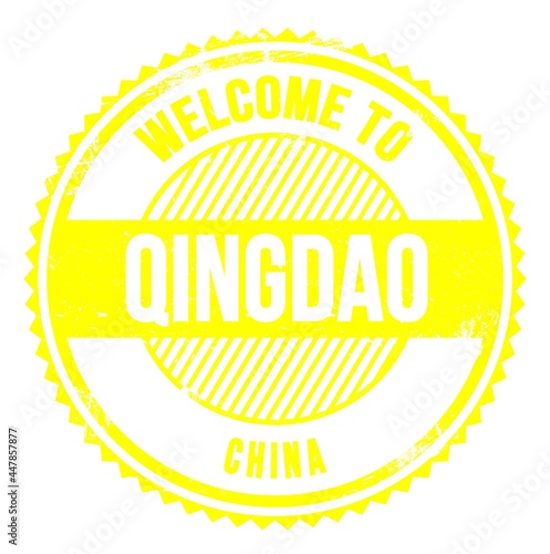 WELCOME TO QINGDAO - CHINA, words written on yellow stamp