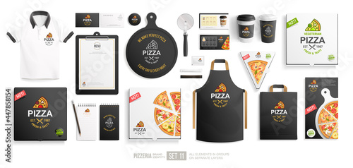 Pizza package with logo restaurant brand Identity mock-up set isolated on white background. Branding bundle of vegetarian pizza box, pizzeria flyer, stationary items. Cafe corporate identity mock up