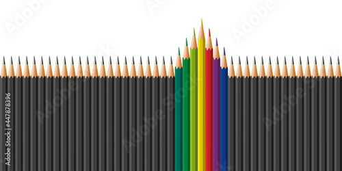 Concept de l’audace et des l’idées neuves avec une rangée de crayons noirs de laquelle sortent des couleurs pour marquer leur différence.