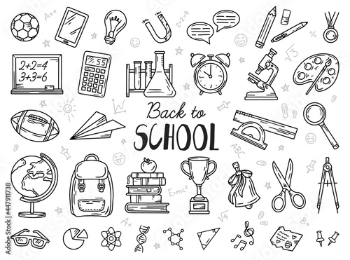 Back to school set of vector icons. A collection of linear elements of education in the doodle style. Objects drawn by hand on the day of knowledge. A ruler, a backpack and a globe.