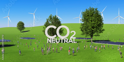 爽やかな草原に建つ立体的なシンボルと群衆の3Dレンダリンググラフィックス / 脱炭素社会・カーボンニュートラル・再生可能エネルギー・サステナブルのコンセプトイメージ