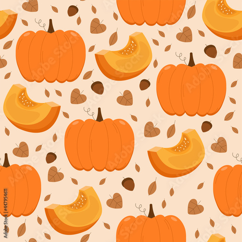 Autumn seamless pattern. Pumpkin, pumpkin slice, leafs and acorn elements illustration. Hand drawn vector print design for fabric, wrapping paper or wallpaper. Vegetable background in autumn mood. 