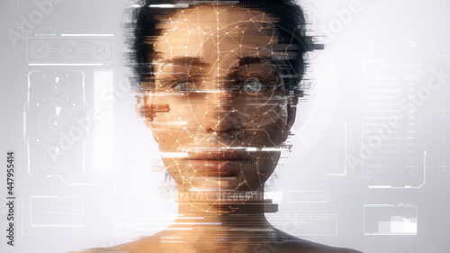 Distorted technological scanning of the face and retina of a beautiful woman avatar for facial recognition. Personal safety. Concept of: future, security, artificial intelligence. 3D Rendering.