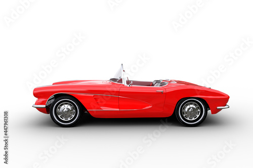Side view 3D illustration of a retro convertible red roadster car isolated on a white background.