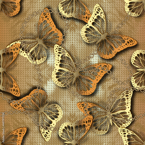 3d gold butterflies seamless pattern. Vector ornamental grunge background. Repeat grungy backdrop. Vintage golden flying butterflies ornament. Lacy butterfly and chains. Luxury surface textured design