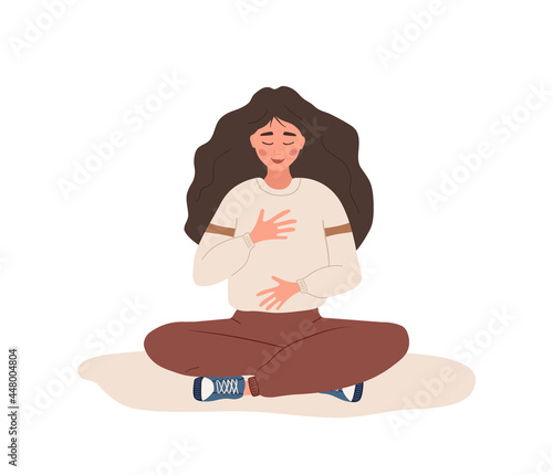 Abdominal breathing. Woman practicing belly breathing for good relaxation. Breath awareness yoga exercise. Meditation for body, mind and emotions. Spiritual practice. Flat cartoon vector illustration.