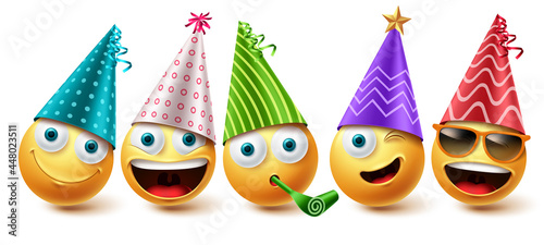 Smiley birthday emoji vector set. Smileys emoticon birthday party icon collection isolated in white background for graphic design elements. Vector illustration