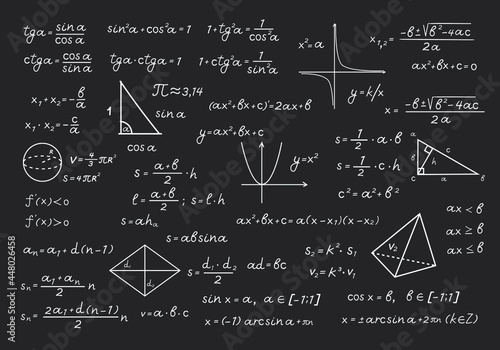 Chalkboard in mathematical formulas and calculations illustration. Algebraic computation with chalk geometric drawings basic equations and theorems school and university. Vector education.