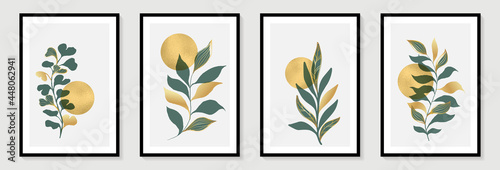 Abstract leaves and golden circle sun. Modern trendy background, abstact art minimalist style. Botanical Design for wall decoration, postcard, poster or brochure. Modern card for decorative design