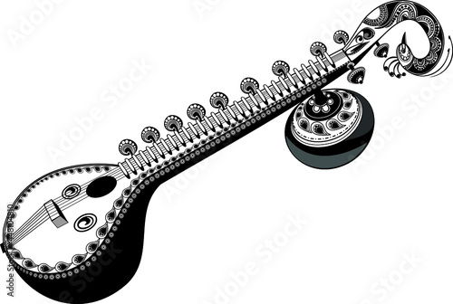 Artistic line drawing of Indian Classical Music Instrument Sitar with fine design peacock head illustration - Vector. Indian wedding clip art of Music instrument sitar with creative designs. 