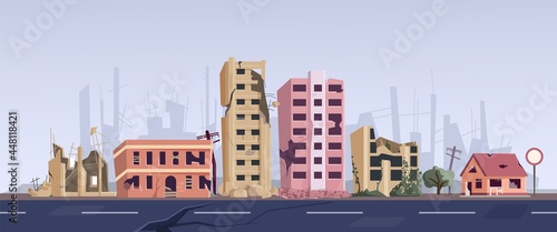 Ghetto street with ruined abandoned house and old building. Dilapidated dwellings stand on roadside, destroyed broken town ruins after explosion, natural disaster war or earthquake vector illustration