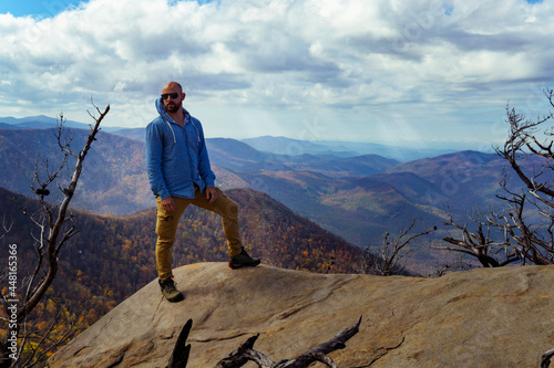 Man Hiking On Top Of Summit Peak In Smoky Mountain National Park