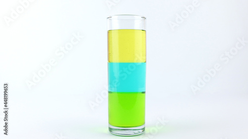 Liquid or layer density experiment using 3 separate layers consisting of syrup, water and olive oil on the top layer. The science concept of density