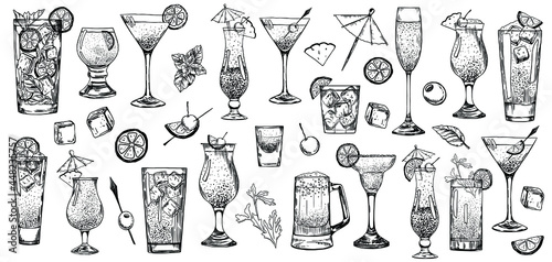 Summer cocktails. Set of elements and illustrations for the bar. Engraving. Stock vector illustration.