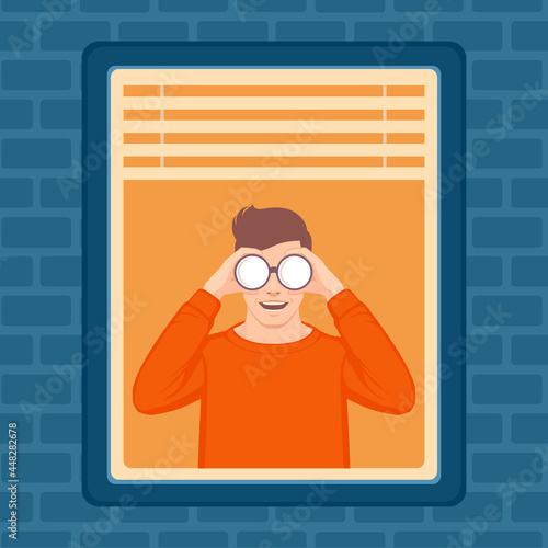 Vector of a nosy man spying secretly on neighbours