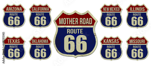 Set of Route 66 american highway vintage rusty metal signs on white background, vector illustration