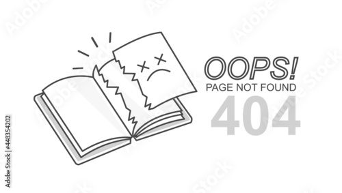 Vector design book with torn page 404 error concept page not found, disconnection, loss of connect. Linear style ragged book icon