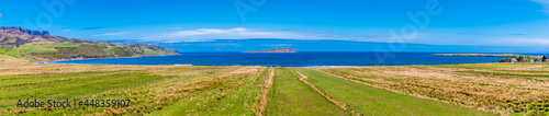 A panorama view across Staffin Bay on the Isle of Skye, Scotland on a summers day