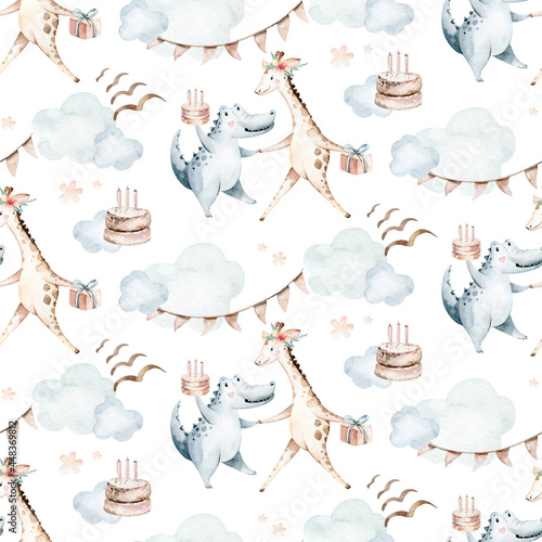Watercolor seamless tropical pattern with dancing giraffe and crocodile african jungle animals on white background. Childish Africa animal illustration. Happy birthday,celebration concept.