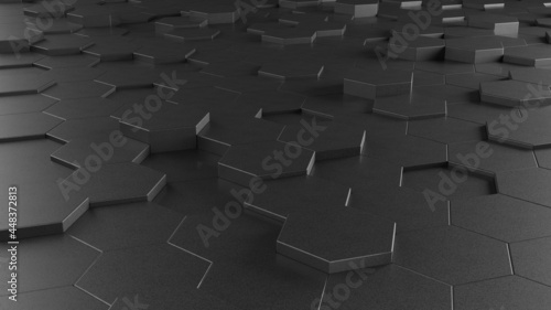 Dark grey hexagon background. Glossy material. 3d render abstract backdrop.