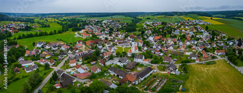 Aerial view of the village Altenmünster in Germany, Bavaria on a sunny spring day in the afternoon..