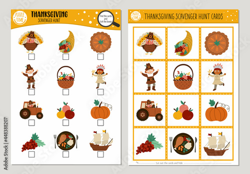 Vector Thanksgiving scavenger hunt cards set. Seek and find game with cute turkey, pumpkin, pilgrim for kids. Autumn Fall holiday searching activity. Simple educational printable worksheet..