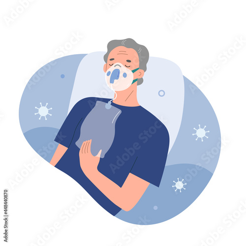 Patient getting oxygen theraphy against covid-19 hypoxemia in medical facility, senior woman suffering from low saturation lying wearing disposable oxygen mask, vector cartoon illustration