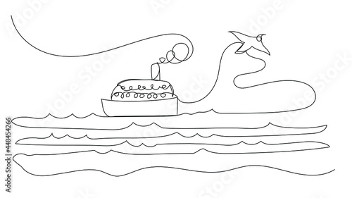 Seascape with a steamer and a seagull in one line on a white background. Tourist cruise.