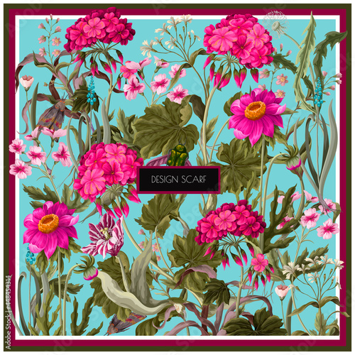 Design scarf with geraniums and wild flowers. Trendy floral vector print.