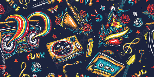 Retro music pattern. Musical instruments. Street lifestyle. Old school tattoo style. Dj vinyl, boom box, rock guitar and saxophone. Funny background. Jazz, funk, disco and soul concept