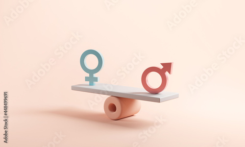 Gender equality concept. Male and female symbol on the scales with balance on blue background. minimal style, 3d render.