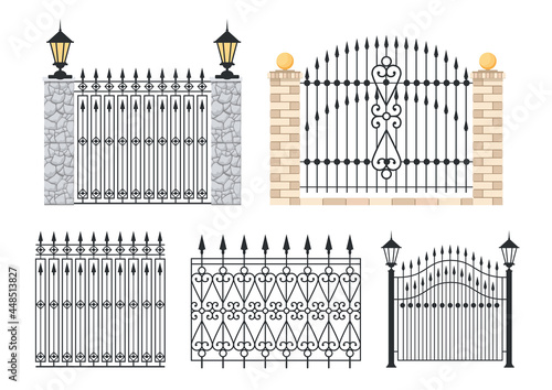Set Icons Metal Gates and Fences, Iron Balustrade Sections with Stone Pillars and Street Lanterns. Grates with Peaks