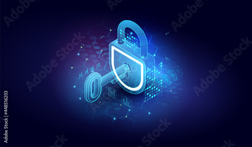 Web Protect or security symbol. Cyber Security Icon. Abstract closed lock with key. Isometric vector image on dark background.