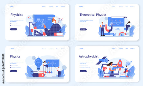 Physicist web banner or landing page set. Scientist explore electricity