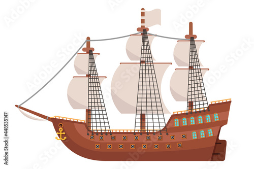 Age of sail galeon wooden sailing ship isolated on white design flat vector illustration